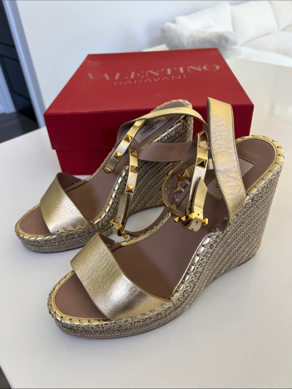 Valentino Garavani studded gold tone metallic open toe wedges sandals heels 40